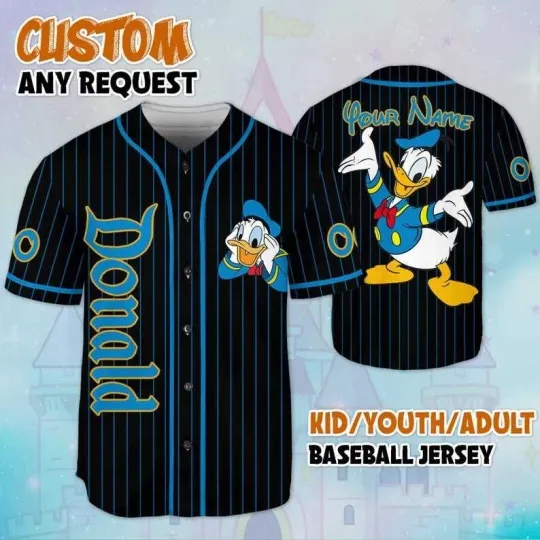 Discover Personalized Donald Duck Mickey & Friends Striped Black Adult Youth Baseball Jersey Shirts