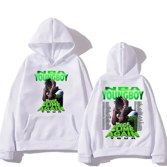 Discover "YoungBoy" features fluorescent green text and singer pattern prints, creating a stylish, casual and trendy hoodie for men