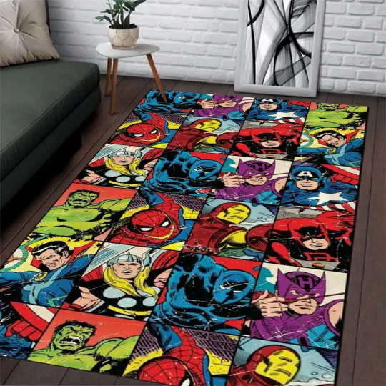 Discover Superhero Kids Rug, Spider-Man, Hulk, Iron Man, Captain America Playroom Carpet