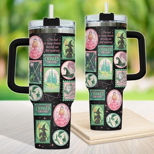 Discover Witch Stamp Tumbler 40oz, Wizard 0z Tumbler with Handle, Bookish Musical Travel Cup, Cute Fantasy Multicolor Mug, Green Pink Coffee Cup