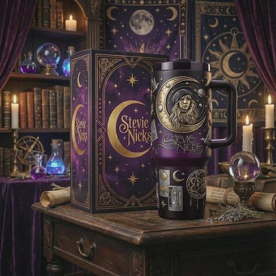 Stevie Nicks 40oz Tumbler With Handle Witchy Moon Vibes Insulated Cup Fleetwood Mac Fan Gift Boho Travel Mug Gypsy Style Iced Coffee Cup