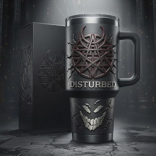Discover Disturbed Band 40oz Tumbler With Handle Heavy Metal Mascot Insulated Cup The Guy Face Rock Fan Gift Travel Mug Music Merch Dark Aesthetic