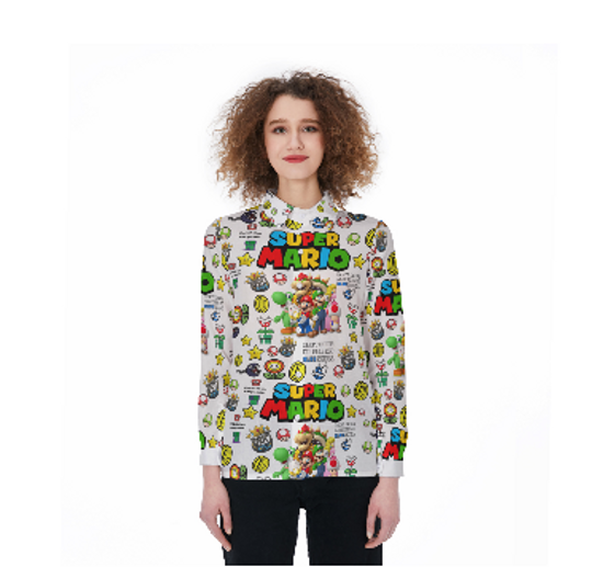 Super Mario 3D All Over Printed Women Blouses Shirt, Super Mario Women Blouses, Super Mario Linen Shirt, Casual Long Sleeve Button Down