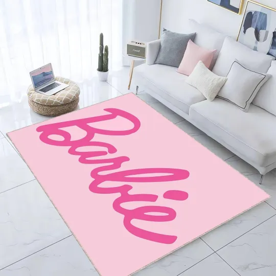 Discover Barbie Pink Rug for Girls' Bedroom, Playroom Decor, Kids Room Mat