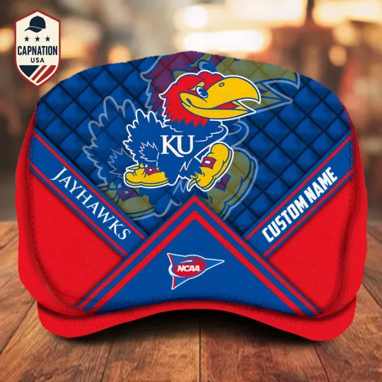 Discover Kansas Jayhawks Jeff Cap Custom Name Driving Cap Golf Cap Newsboy Cap Flat Cap