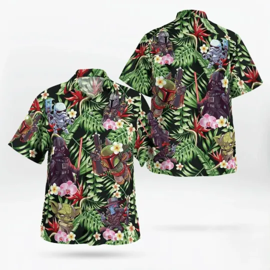 Discover Disney Star Wars Mini Characters Tropical Leaves Floral Hawaiian Shirt