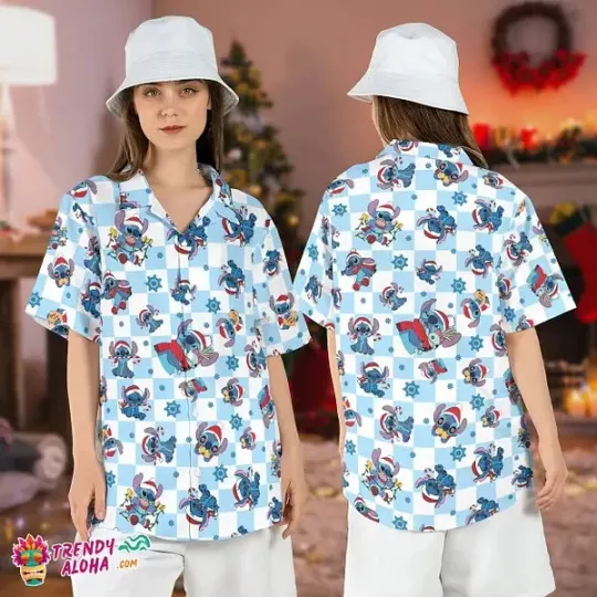 Discover Cute Stitch Christmas Santa Hat Xmas Lights Hawaiian Shirt Summer Aloha S-5XL