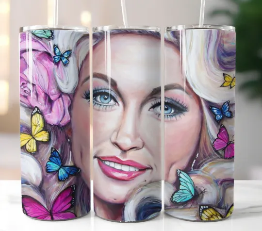 Dolly Parton Butterfly Tumbler Travel Mug Stainless Steel Cup Straw Lid