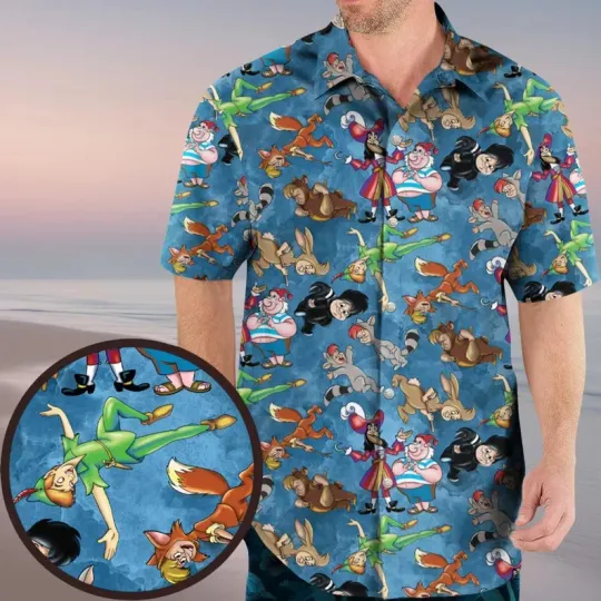 Discover Disney Peter Pan Neverland Characters Tropical Summer Beach Blue Hawaiian Shirt