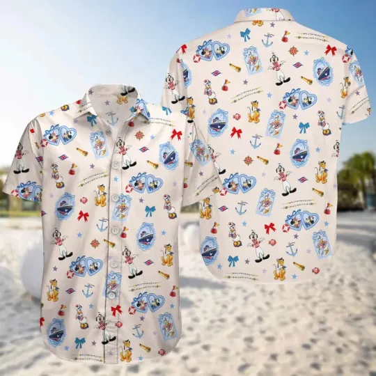 Discover Disney  Mickey And Friends Cruise Beach Adventure Items Cream Hawaiian Shirt