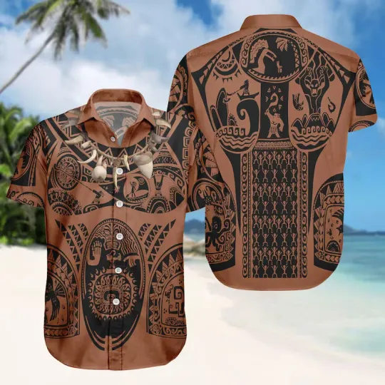Discover Disney Moana Maui Costume Polynesian Tattoo Brown Hawaiian Shirt