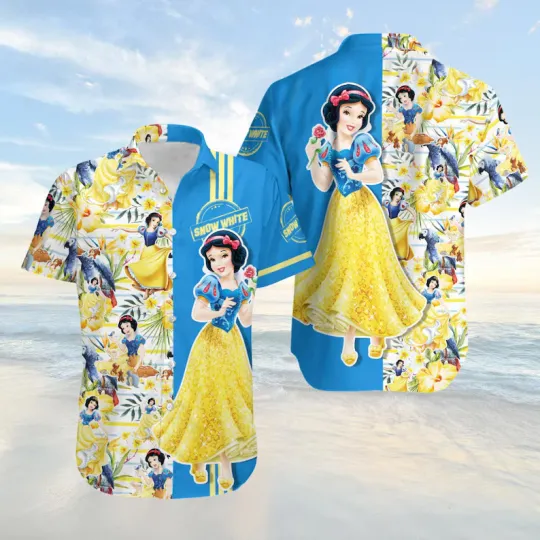 Discover Disney Snow White Aloha Fairy Tale Tropical Summer Half Blue Hawaiian Shirt