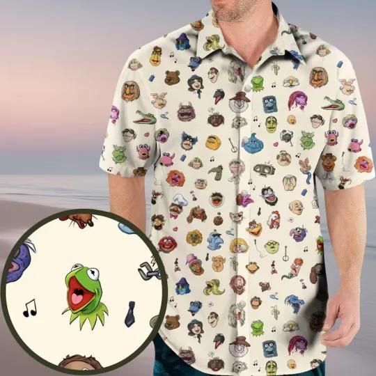Disney Muppets Muppet Show Kermit Miss Piggy Vintage Cream Hawaiian Shirt
