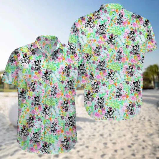 Discover Disney Mickey And Minnie Couple Green Floral Hawaiian Shirt