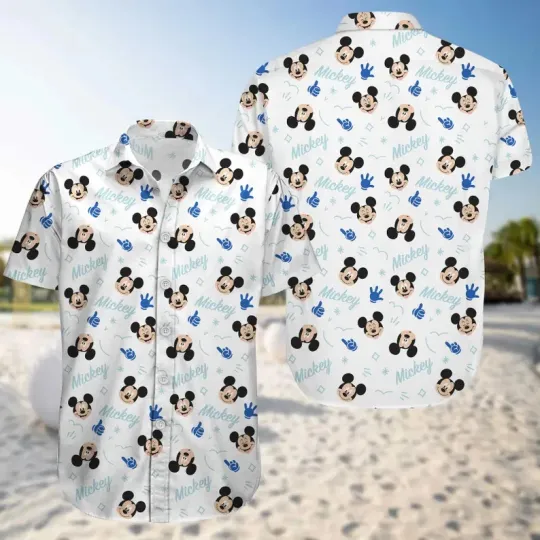 Discover Disney Mickey Mouse Head Hand Text Pattern White Hawaiian Shirt