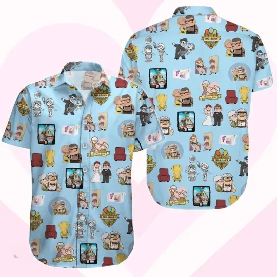 Disney Up Carl And Ellie Wedding Balloons House Blue Hawaiian Shirt