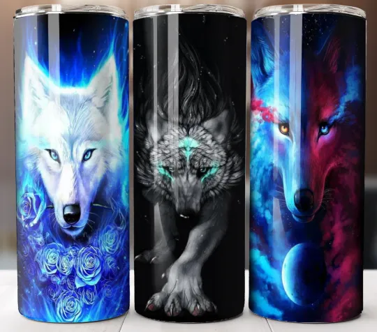 Discover Wolf Trio Face Tumbler 20oz Stainless Steel Insulated Cup with Straw & Lid