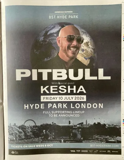 Discover Pitbull Kesha Live Tour Date 2026 BST Festival Ad Newspaper Advert Poster 14x11