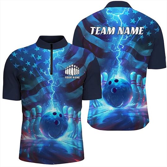 Discover Custom American Flag Bowling Shirt Personalized Team Name Zip Polo Jersey USA Bowling Team Uniform