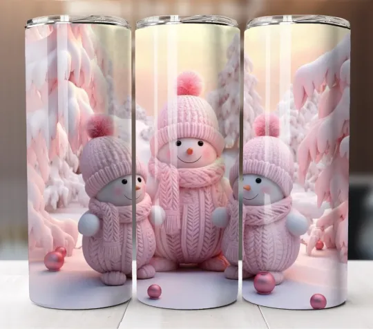Discover 20oz Insulated Tumbler with Straw Stainless Steel Mug 3D Pink Snowman Christmas