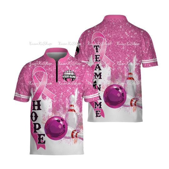 Discover Cancer Pink Ribbon Hope Bowling Jersey, Custom Bowling Shirt for Team, Bowling Team Jersey for Men Women, Bowling Lover Gift, Bowler Gift