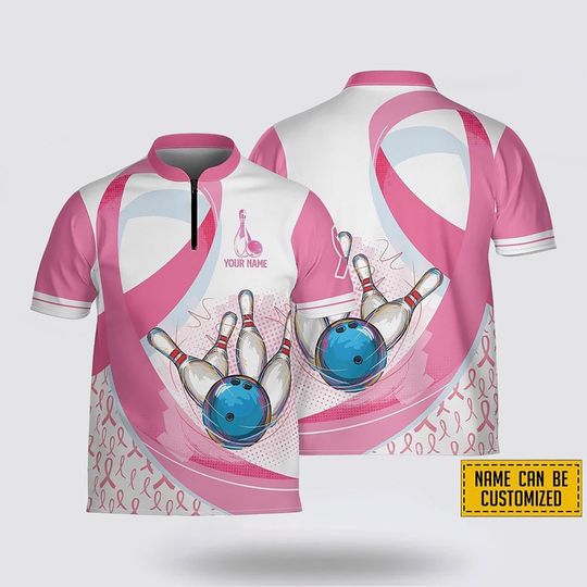 Discover Personalized Breast Cancer Ribbon Bowling Jersey, Custom Bowling Shirt with Name, Pink Awareness Team Uniform, Bowling Gift