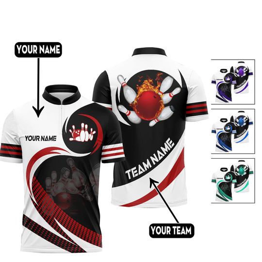 Discover Personalized Bowling Jersey, Custom Name & Team Shirt with Fiery Bowling Ball and Pins Design, Matching Uniforms for League or Tournament