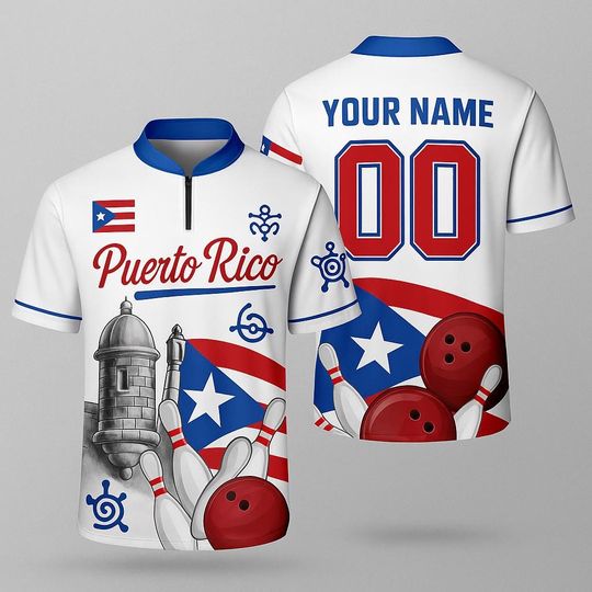 Custom Puerto Rico Bowling Jersey: 3D Flame Design, Boricua Pride