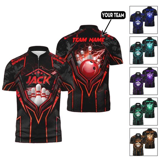 Discover Personalized Bowling Jersey, Custom Name & Team Shirt with Lightning Ball and Pins Design, Matching Uniforms for League or Tournament