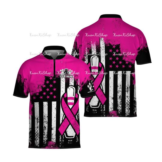 Discover Pink Ribbon American Flag Bowling Jersey, Custom Bowling Shirt for Team, Bowling Team Jersey for Men Women, Bowling Lover Gift, Bowler Gift