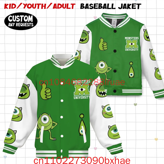 Discover 2026 New Christmas Disney Mike Wazowski Monsters University Kids and Youth Baseball Jacket Aldult Unisex Varsity Baseball Jacket