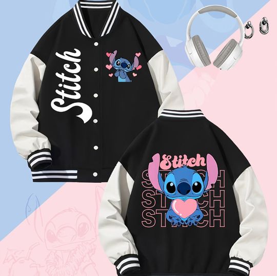 Discover Potdemiel Official Disney Women'S Plus Size Casual Baseball Jacket - Extra Large, Stylish Letter Print, Stitch & Angel Contrast