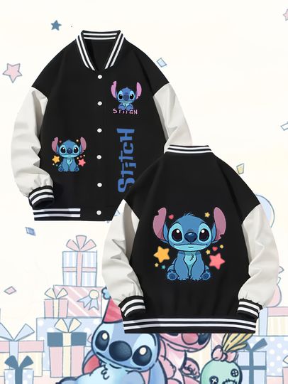 Discover Potdemiel Official Disney Women'S Plus Size Casual Baseball Jacket - Extra Large, Stylish Letter Print, Stitch & Angel Contrast
