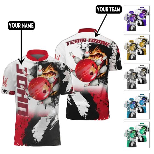 Discover Personalized Bowling Team Shirt, Custom Name & Team Jersey with Flame Bowling Ball Design, Matching Uniforms for Men Women