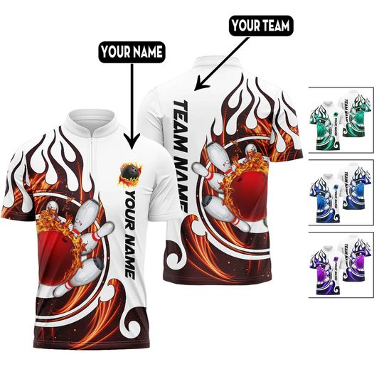 Discover Personalized Bowling Team Shirt, Custom Name & Team Jersey with Flame Bowling Ball Design, Matching Uniforms for Men Women