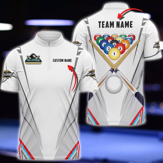 Discover Custom Billiards Team Jersey, Personalized Pool Shirt with Name and Team, 3D Billiard Balls & Cue Design, Billiards Tournament Uniform