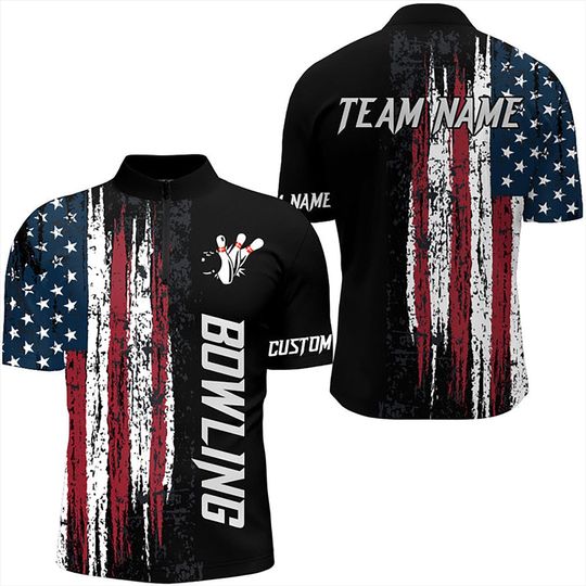 Discover Custom Bowling Team Shirt with American Flag, Personalized Jersey with Name & Team, Patriotic Bowling Polo for Men Women Tournament