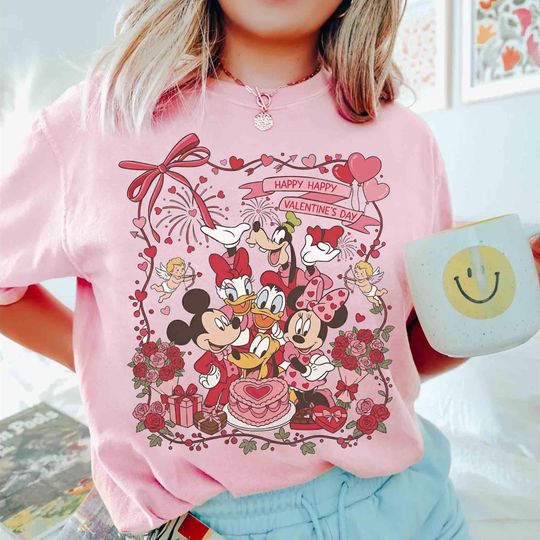 Discover Coquette Bow Mickey And Friends Happy Valentine's Day 2026 T-shirt, Disney Couple Matching Tee