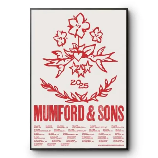 Discover Mumford & Sons 2025 Tour Poster Print Red Vintage Concert Art
