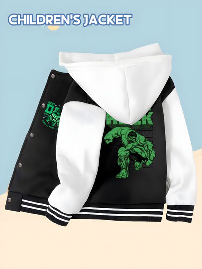 Marvel Boys Baseball Jacket - Hulk Parent-Child Print, Double-sided Pattern, Comfortable Fabric, Black and White, Fashion