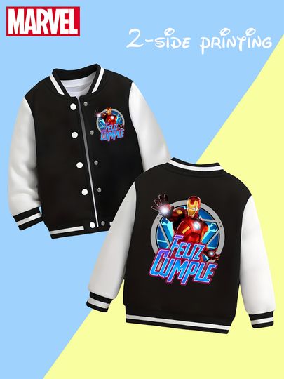 MINSO Marvel Boys Baseball Jacket - Iron Man cool, classic black and white, soft fabric, warm and comfortable, fashionable, mac