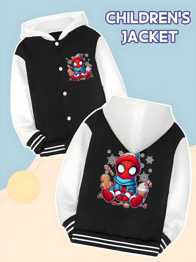 Discover MINISO Marvel Spider-Man Winter Boys Baseball Jacket - Spider-Man hooded scarf, with gingerbread man and hot drink, double-sided