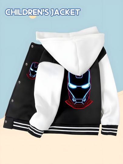 Marvel Iron Man Power Suit Kids Baseball Jacket - Trendy black and white, soft and skin-friendly fabric, autumn and winte