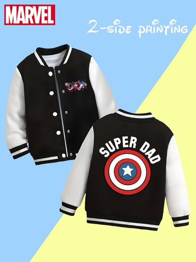 Discover MINISO Marvel Boys Baseball Jacket - "SUPER DAD" Double-sided pattern, comfortable fabric, black and white, fashionable for fall