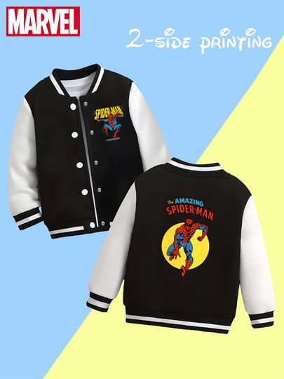 Marvel Boys Baseball Jacket - Spider-Man Retro, Classic Black and White, Soft Fabric, Warm and Comfortable, Fashionable,