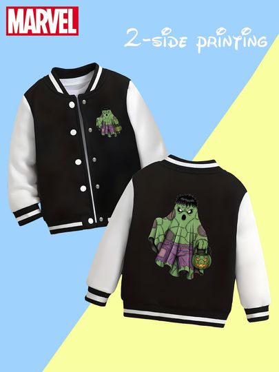 Marvel Hulk Funny Boys Baseball Jacket - The Hulk is wearing a ghost cloth and holding a pumpkin lantern, which is cute.
