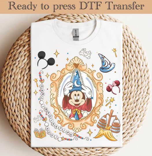 Discover Mickey Fantasia Sorcerer Ready To Press, Disney Fantasmic DTF Transfers, Mickey Mouse Magic Wizard DTF Transfers, Mickey Magic Wizard Shirt