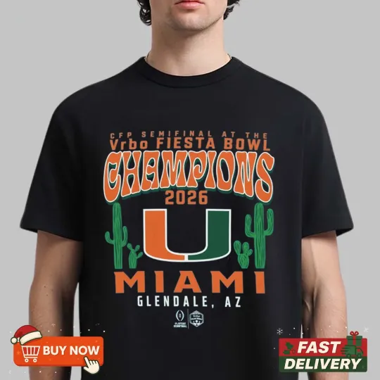 Discover Miami Hurricanes 2026 Vrbo Fiesta Bowl Champions TShirt - Size S-5XL