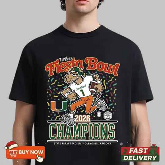 Discover 2026 Miami Hurricanes Vrbo Fiesta Bowl Champions TShirt - Full Color, Full Size