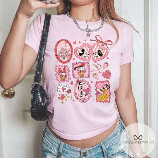 Discover Coquette Disney Mickey & friends T-Shirt Croptop Baby Tee, Happy Valentine's Day 2026, WDW Disneyland Gift For Her